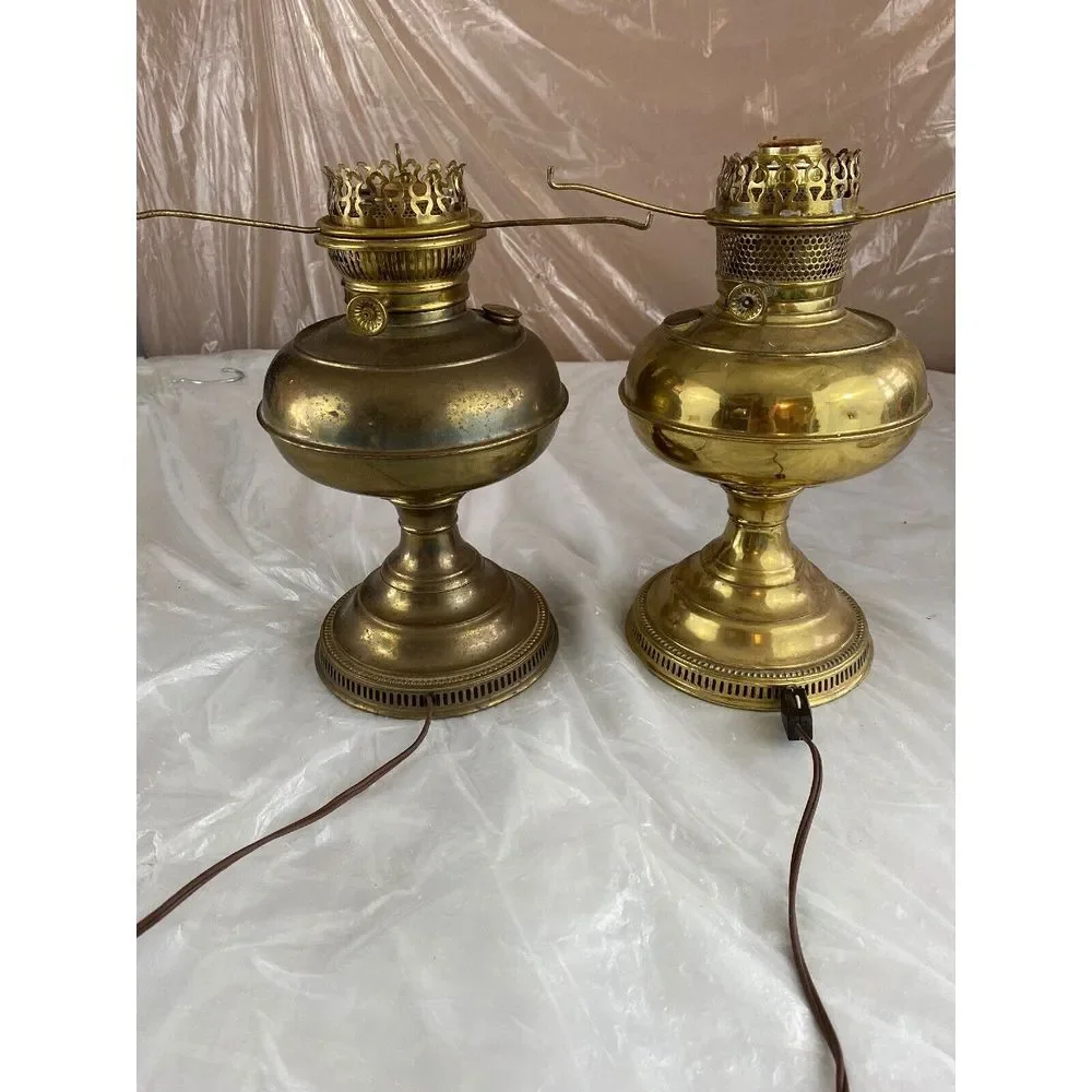 Vintage Brass Hurricane Table Lamps Set of 2 Electric 12